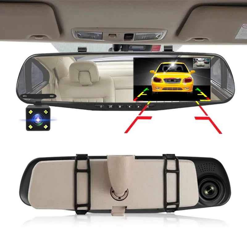4.3-Inch Dual Lens Car DVR Rearview Mirror with 1080P IPS Front and Rear Cameras