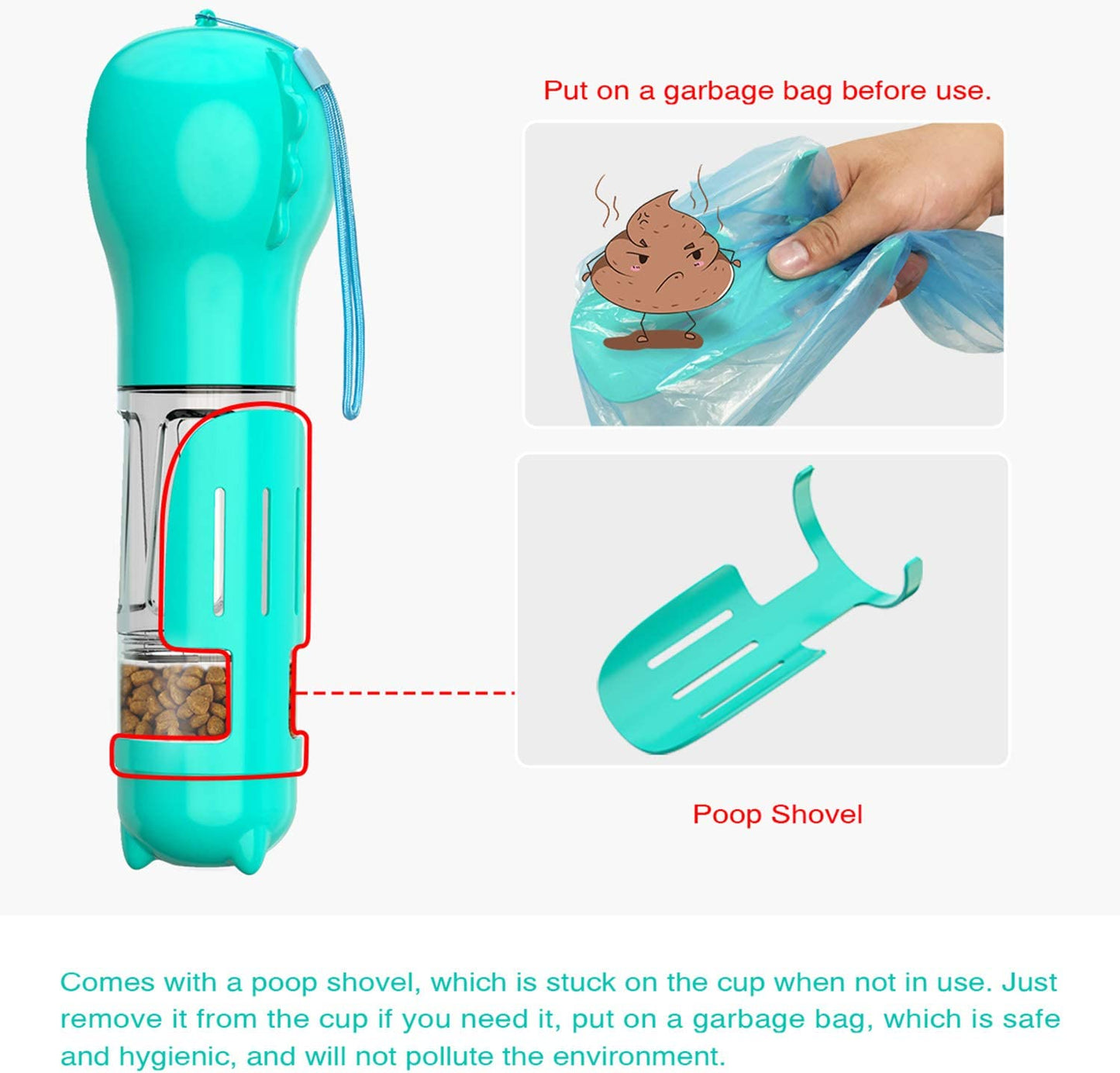 Blueberry 4-In-1 Portable Dog Bowl & Water Bottle - Travel Dog Water Dispenser with Food Box, Garbage Bag Storage & Poop Shovel