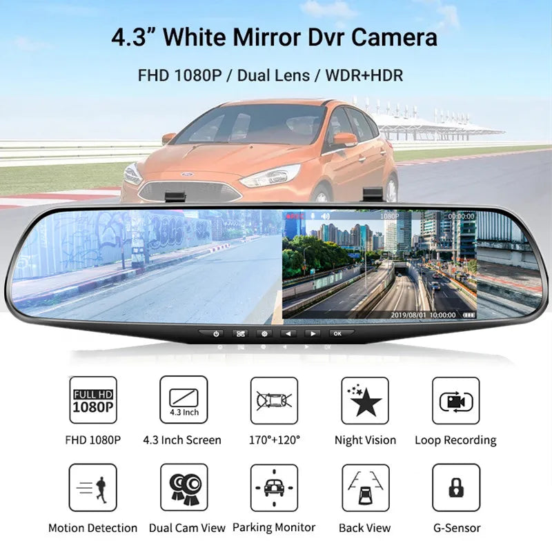 4.3-Inch Dual Lens Car DVR Rearview Mirror with 1080P IPS Front and Rear Cameras