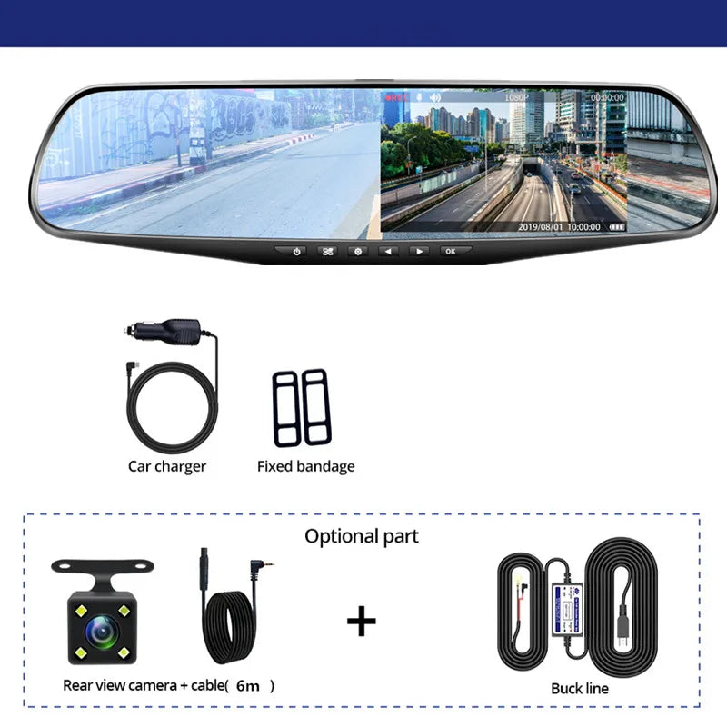 4.3-Inch Dual Lens Car DVR Rearview Mirror with 1080P IPS Front and Rear Cameras