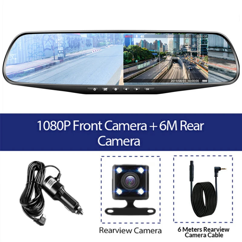4.3-Inch Dual Lens Car DVR Rearview Mirror with 1080P IPS Front and Rear Cameras