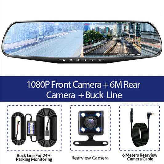 4.3-Inch Dual Lens Car DVR Rearview Mirror with 1080P IPS Front and Rear Cameras